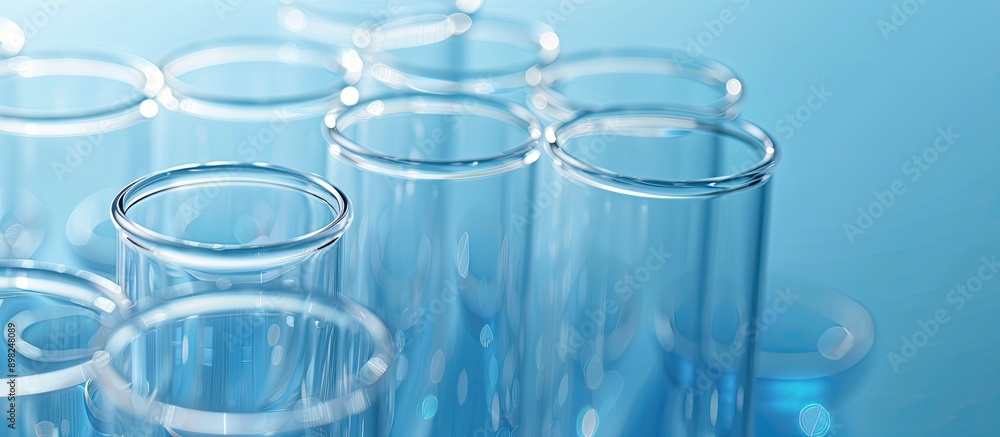 Poster close up of a set of glass lab test tubes on a blue background with copy space image