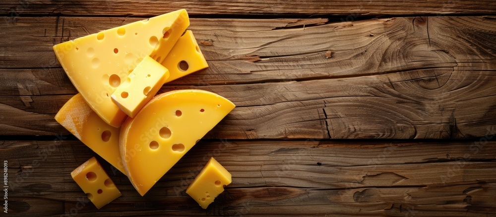 Poster Top down view of Maasdam cheese slices in yellow hue on a wooden backdrop with ample space for additional images