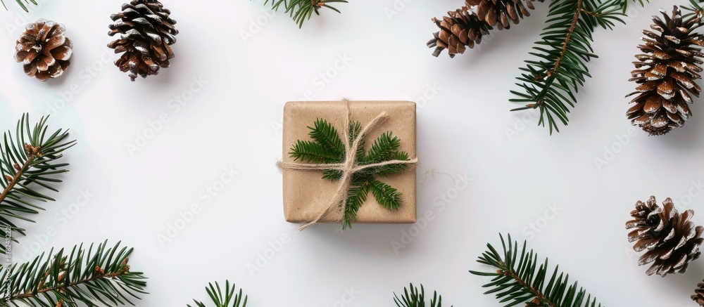 Poster christmas themed background featuring a gift box adorned with pine branches and cones on a white bac
