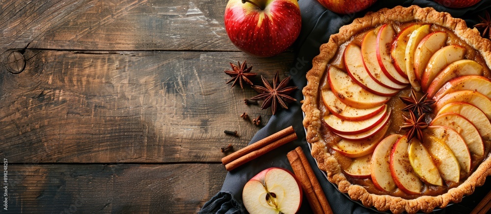 Poster close up top view of a homemade fruit tart showcasing golden crust whole and halved apples cinnamon 