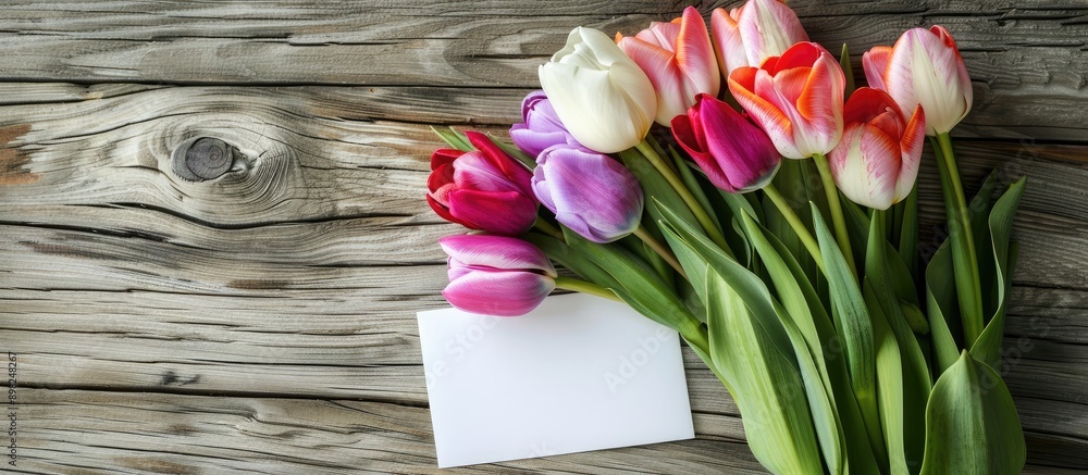 Poster a bouquet of tulips displayed with an empty paper card on a wooden background with copy space image