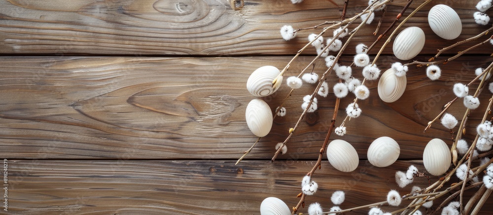 Poster bright wooden table decorated with white wooden easter eggs willow catkin and with space for an imag