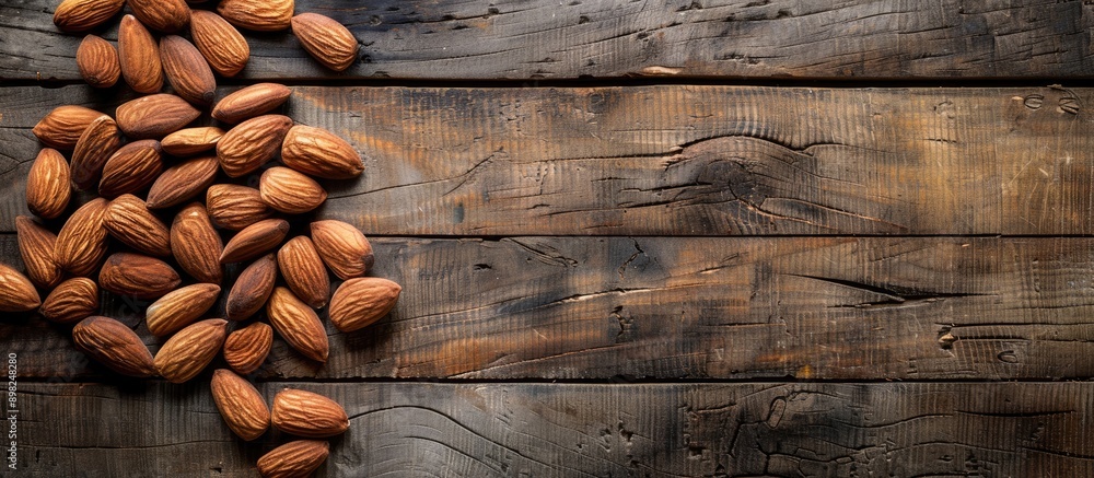 Poster Almonds arranged on a wooden table with available copy space image