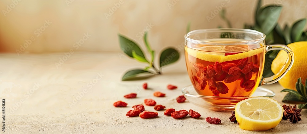 Poster close up of a glass cup of refreshing goji tea with lemon on a beige table featuring a copy space im