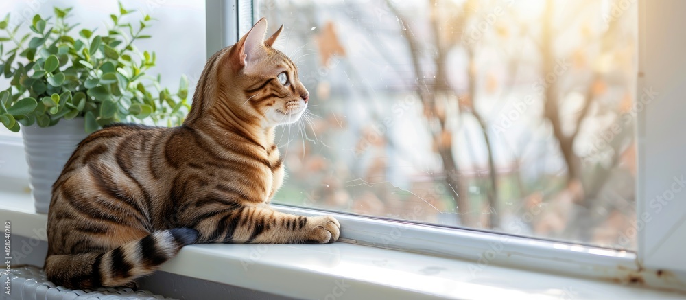 Poster adorable bengal cat sitting on a windowsill at home with copy space image available