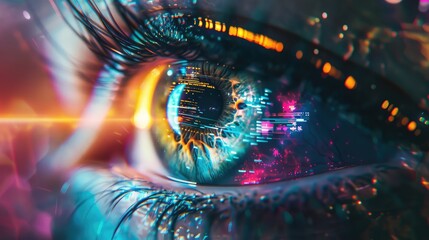 High tech digital eye with futuristic overlay. Selective focus.