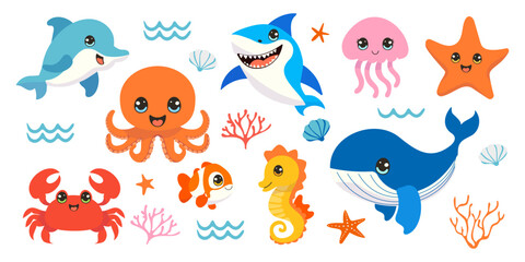 A collection of cartoon sea creatures including a crab, octopus, fish, and starfish. Scene is lighthearted and playful