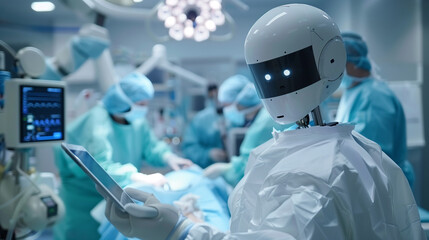 AI Robot holding digital tablet helps doctors perform surgery in modern hospital. Concept of modern medicine and artificial intelligence.