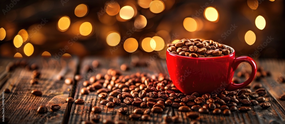 Poster a cozy scene with a red coffee cup filled with beans surrounded by more on a wooden table in a warm 