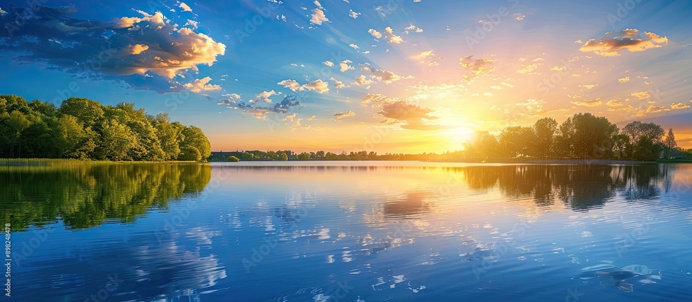 Poster beautiful sunset by the serene lake with trees and clouds mirrored on the glassy water against a viv