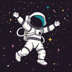 cute white cartoon astronaut flying in zero gravity space