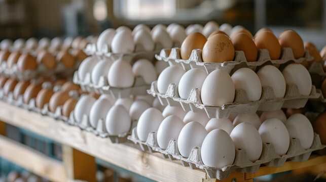 World Egg Day.Stacked cardboard boxes of white and brown eggs on a farm display. Eggs for sale, farm production.