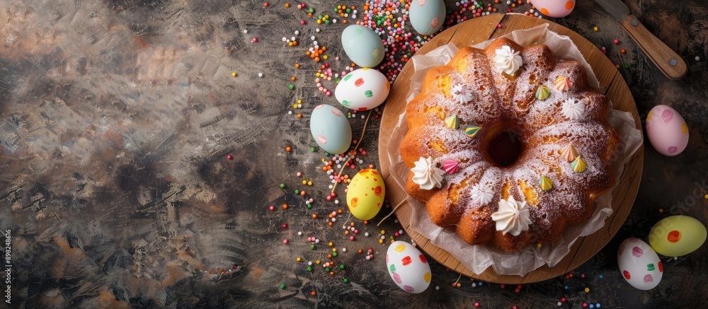 Poster a delightful easter treat with cake eggs and a rustic backdrop perfect for the holidays top view ima