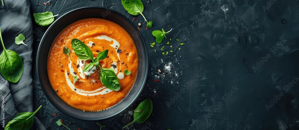 Aufkleber Delicious carrot cream soup in a bowl displayed for a top view offering a captivating copy space image