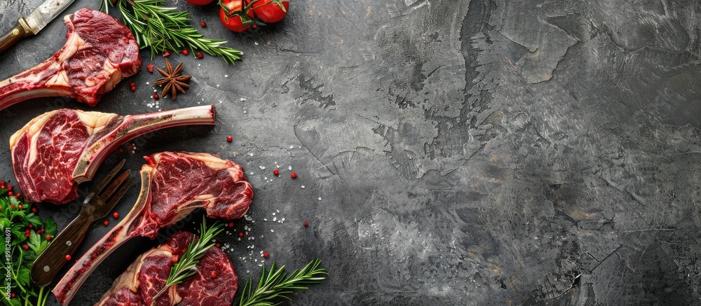 Aufkleber Different types of beef steaks like ribeye tomahawk and T bone displayed on a stone background with copy space image