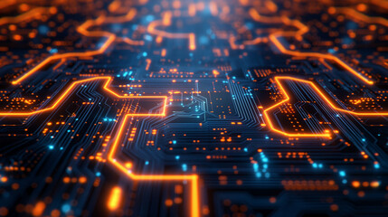 A detailed and intricate circuit board layout. It is adorned with bright orange and blue neon-like lines that form complex patterns and interconnect