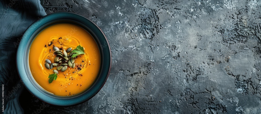 Aufkleber A blue bowl containing butternut cream soup garnished with seeds presented in a top view on a grey stone background with copy space image