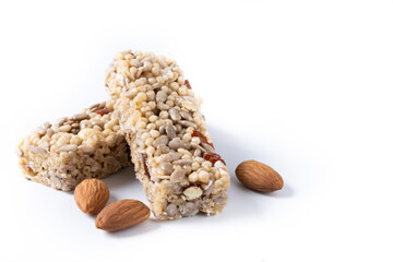Healthy Muesli bars with nuts and seeds isolated on white background. Copy space