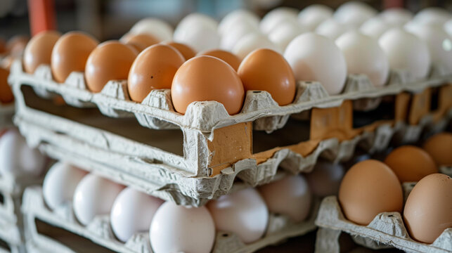 World Egg Day.Stacked cardboard boxes of white and brown eggs on display, showing off the poultry farm's produce ready for sale.