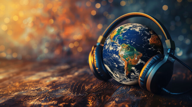 The world is listening. World Music Day. Earth with headphones, copy space.