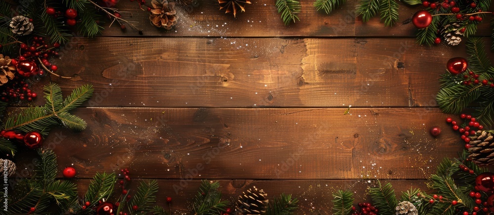 Aufkleber top view of a christmas themed wooden background with ample copy space image