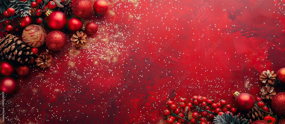 Leinwandbilder a top view of christmas decorations and festivity on a red background with sparkling glitter creatin