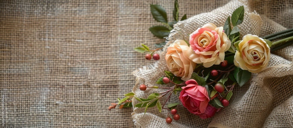 Poster artificial flowers artfully arranged on a rustic jute sackcloth background perfect for easter themed