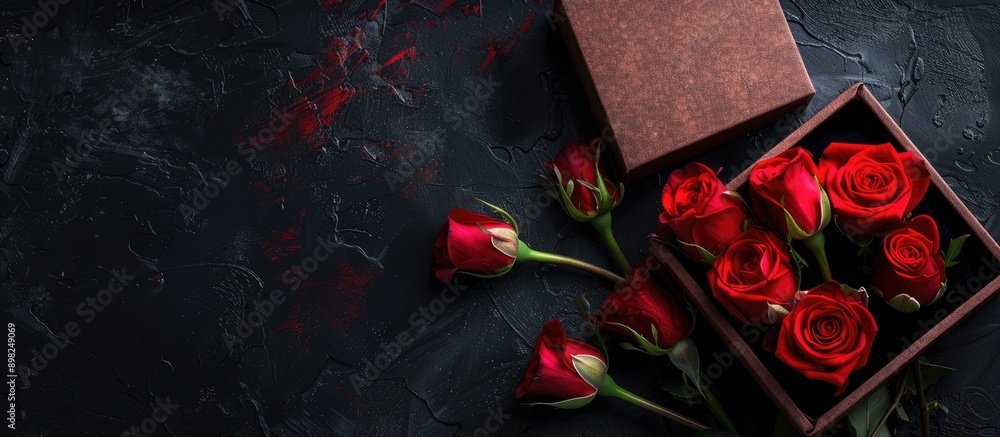 Poster top view of a bouquet of red roses and an open brown jewelry box against a black background with a s