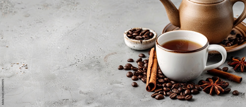 Poster Coffee cup displayed with cinnamon teapot and coffee beans on a neutral grey background with ample copy space image