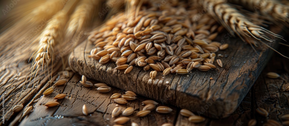Poster close up of rye grain on a wooden board with beautiful soft lighting ideal for a copy space image