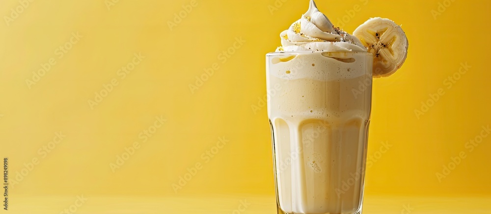 Poster banana milkshake in a glass on colored backdrop with copy space image