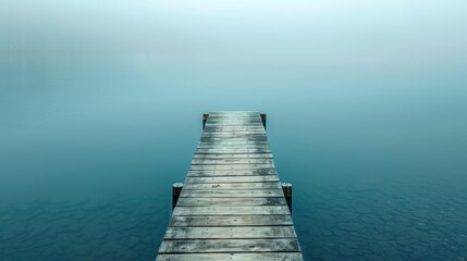 Obraz premium A dock, situated in the heart of a fog-enshrouded body of water, concludes with a bench at its end
