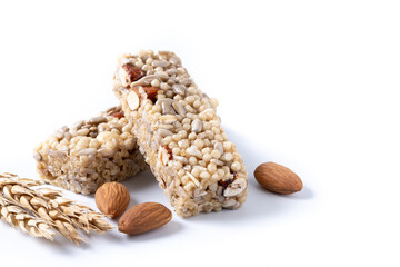 Healthy Muesli bars with nuts and seeds isolated on white background. Copy space
