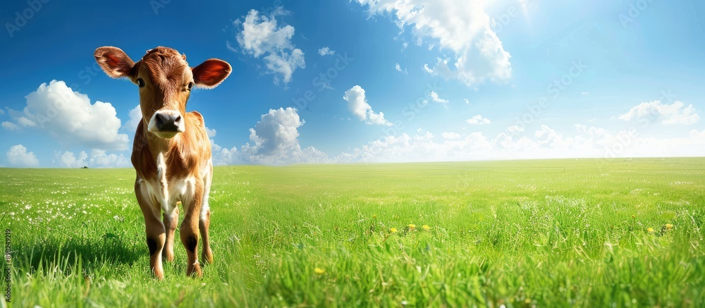 Poster Calf in a green field with a vast blue sky as the background in a copy space image