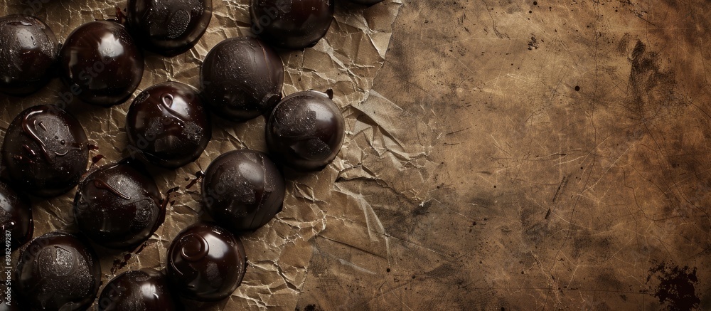 Poster Dark chocolate candies filled with natural plum showcased in an antique paper like background with empty space for text or graphics. Creative banner. Copyspace image