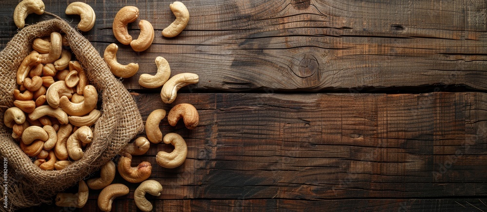 Poster top view of cashew nuts on a wooden table with ample copy space image
