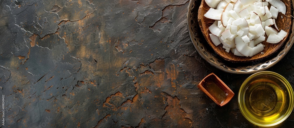 Poster coconut oil and coconut chips on a dark stone table with copy space image available