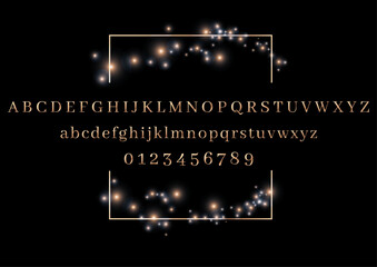 Luxury vector Golden Alphabet and Numbers with Decorative Glitter dust on Black Background