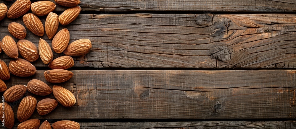 Poster Almonds beautifully arranged on a rustic wooden background with ample copy space image
