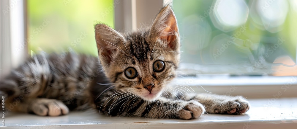 Poster Close up of a kitten on a windowsill with copy space image