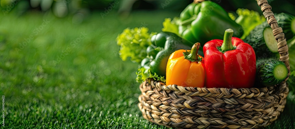 Poster Bell pepper and cucumber displayed in a weaved basket on green grass background in the copy space image