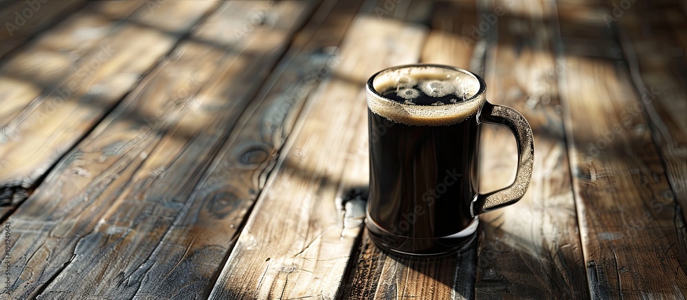 Aufkleber a black drink in a glass cup is placed on a wooden floor with space for text or images in the backgr
