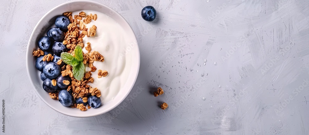 Leinwandbilder a bowl with yogurt blueberries and granola is placed on a light grey surface close up view ideal for