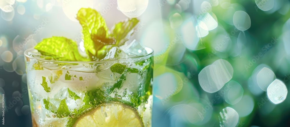 Aufkleber Close up image of a refreshing mojito cocktail garnished with fresh mint featuring rum lime and soda with copy space image