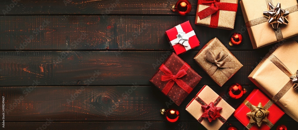 Poster christmas gift boxes displayed on a wooden background with copy space image