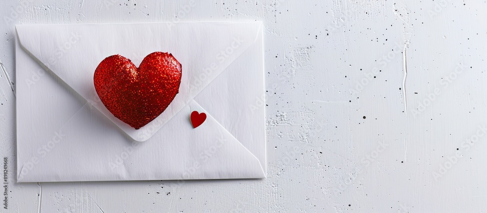 Poster create a heartfelt image featuring a red heart on a white background on an envelope symbolizing love