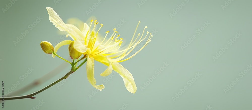 Poster a delicate yellow bloom with slender petals set against a soft light green backdrop perfect for a co