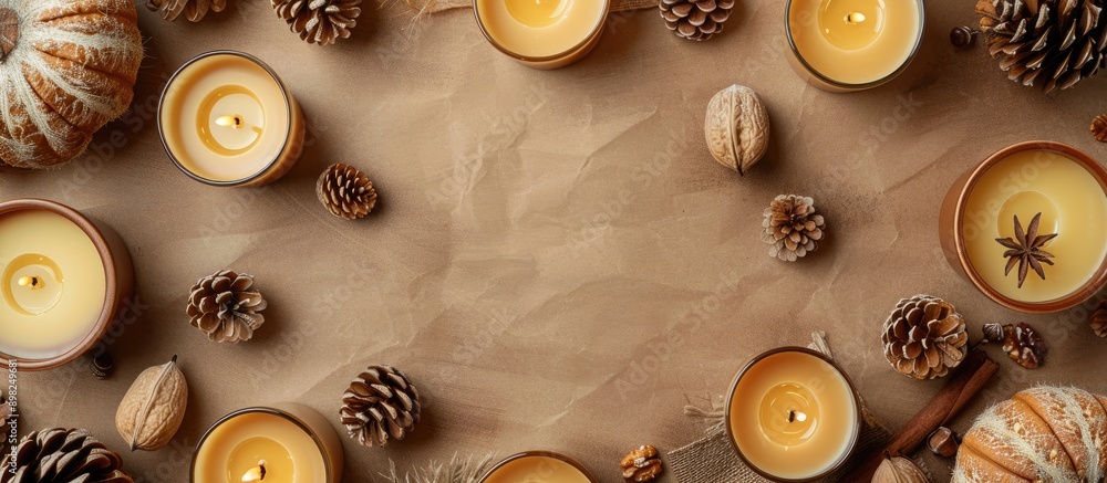 Poster Craft paper background with autumn themed items like candles walnuts and cones arranged in a flat lay view for Fall and Thanksgiving concepts featuring copy space image
