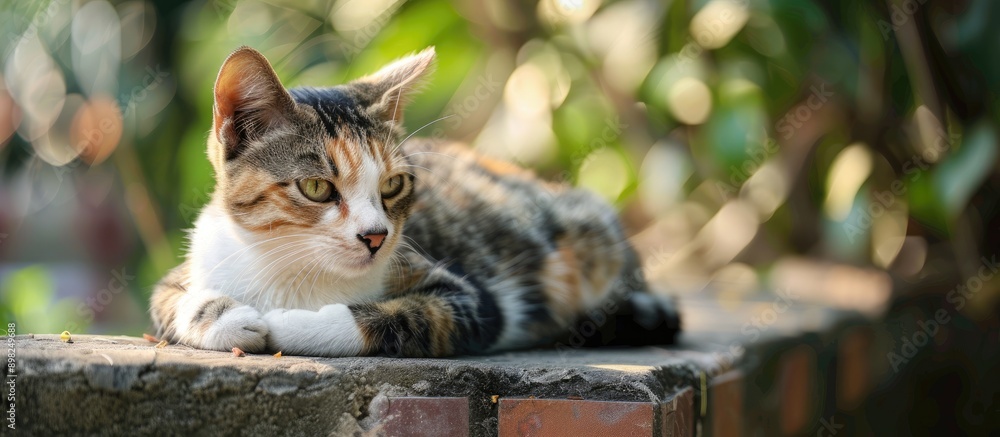 Poster Chilled out cat perched on a stone tile featuring ample copy space image