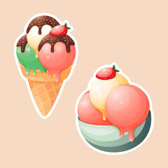 Vector cute cartoon ice cream with colorful cream balls and strawberry sticker clipart design. Cute sweet food ice cream poster art design